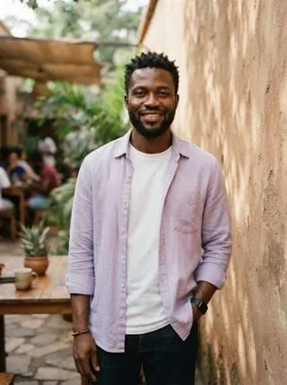 A man in a lavender shirt smiling beside a courtyard wall