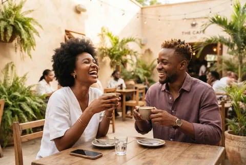 Two people laughing over cups of coffee at an outdoor café table